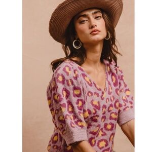 BiBi V-Neck Sweater - Pink and Yellow Leopard Print